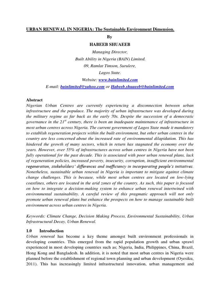 Sustainable Urban Renewal in Nigeria | PDF | Sustainability | Urban Renewal