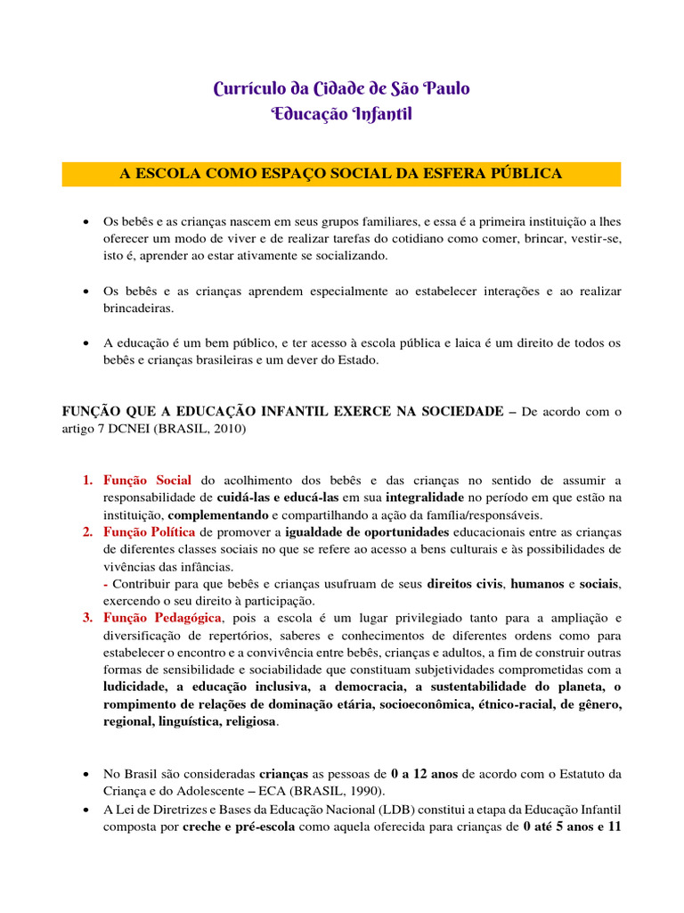 (RESUMO) Currículo Da Cidade de São Paulo - Educação Infantil | PDF ...