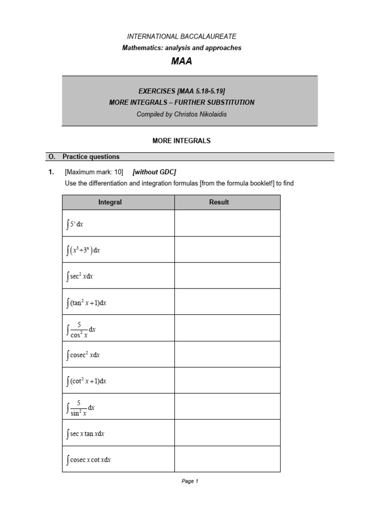 IB Math MAA Further Substitution Exercises | PDF