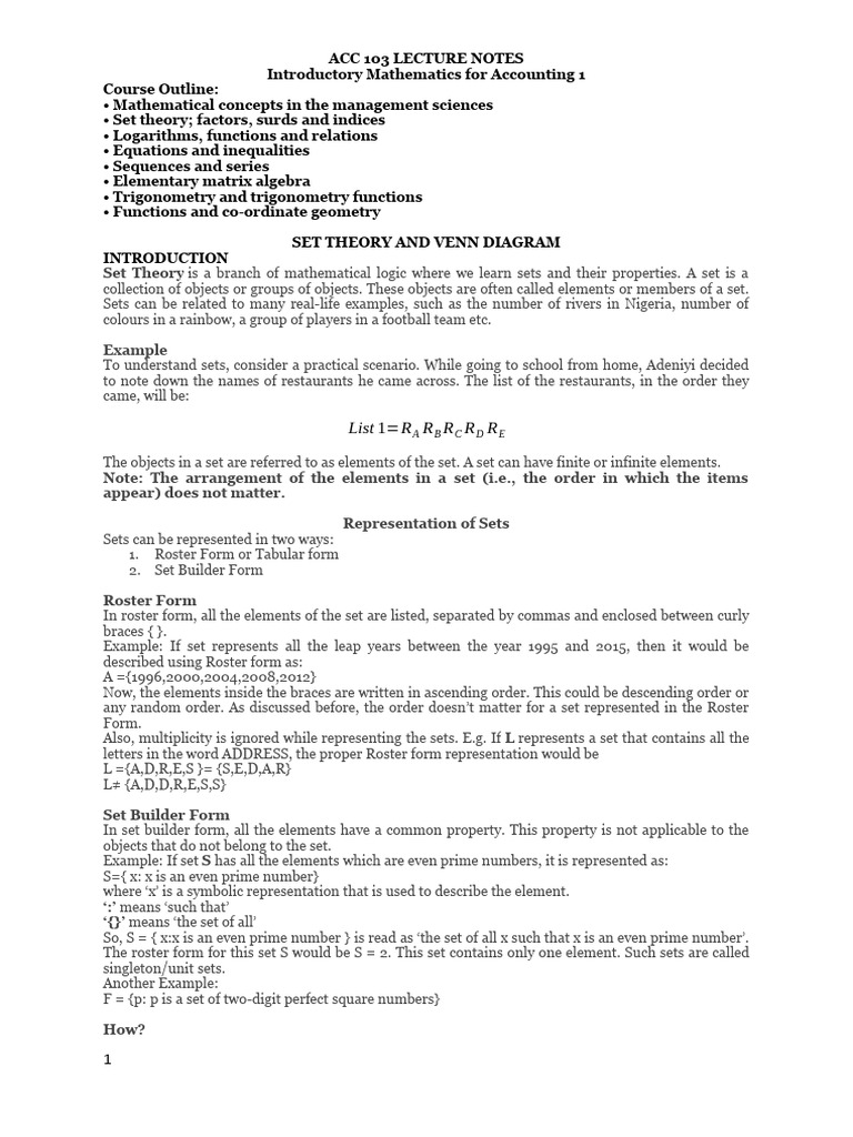 Acc 103 - Notes To Class | PDF | Set (Mathematics) | Numbers