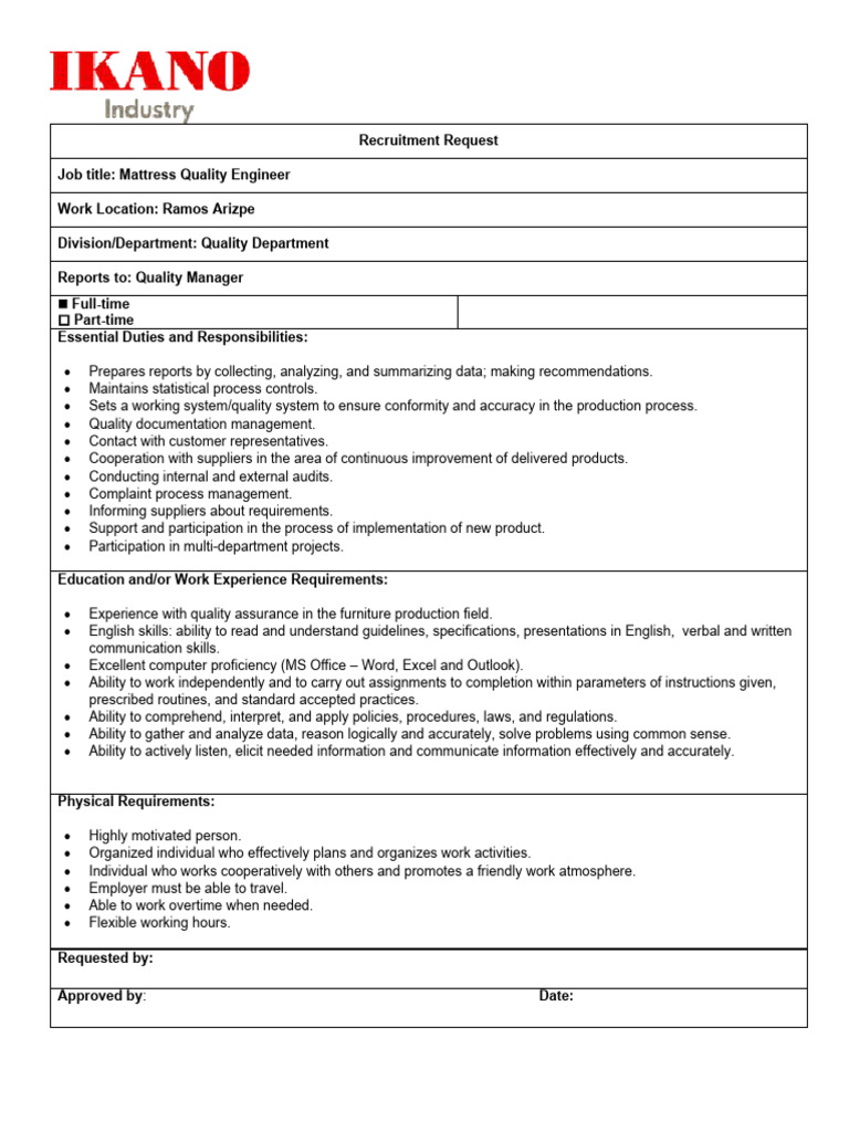 JobDescription Mattress Quality Engineer PDF