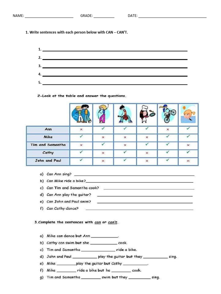 Can and Can't Sentences Worksheet | PDF