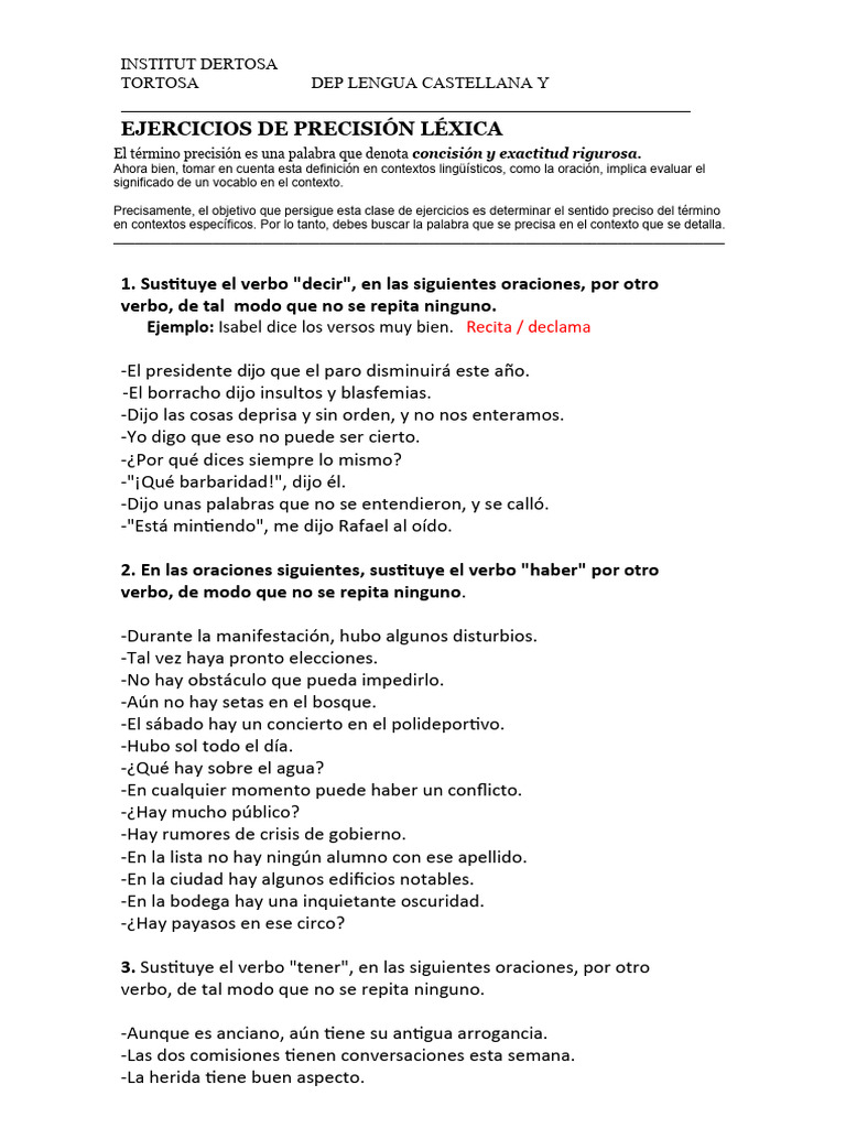 Ejercicios de Precisión Léxica 6º Primaria | PDF | Palabra | Verbo