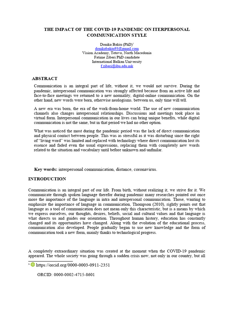 The Impact of The Covid-19 Pandemic On Iterpersonal Communication Style ...