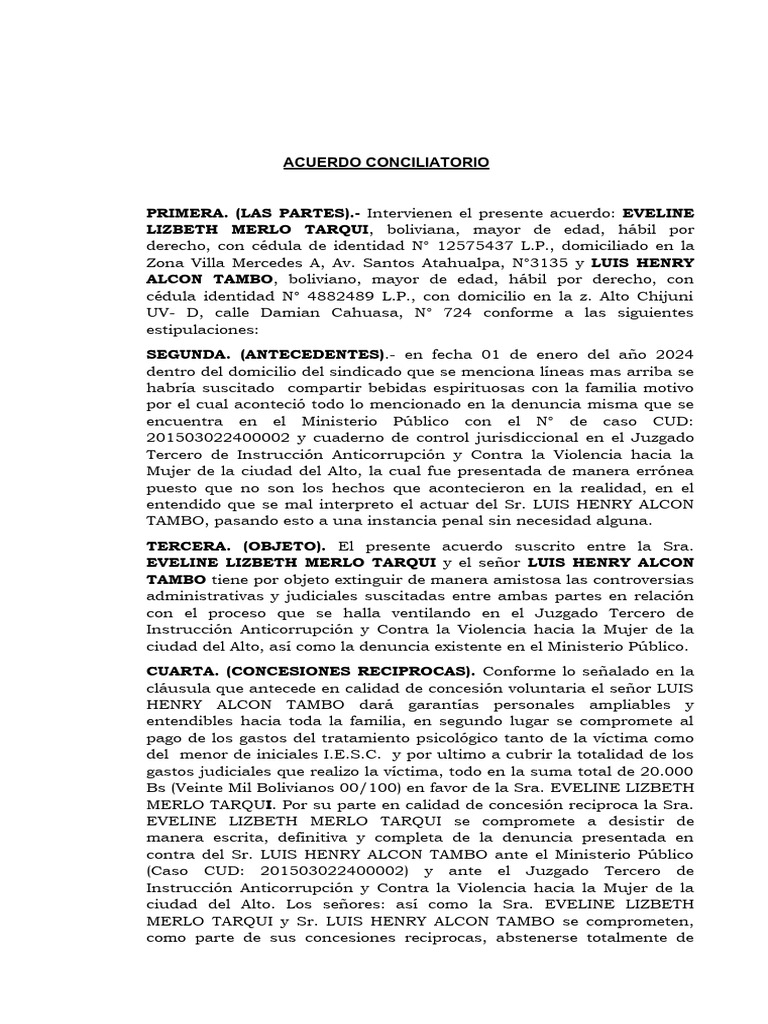 Acuerdo Conciliatorio entre Partes | PDF | Justicia | Crimen y violencia
