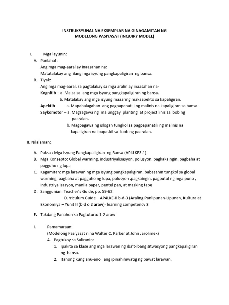 Banghay Aralin Sa Ap4 Na Ginagamit Ang Modelong Pasiyasat | PDF