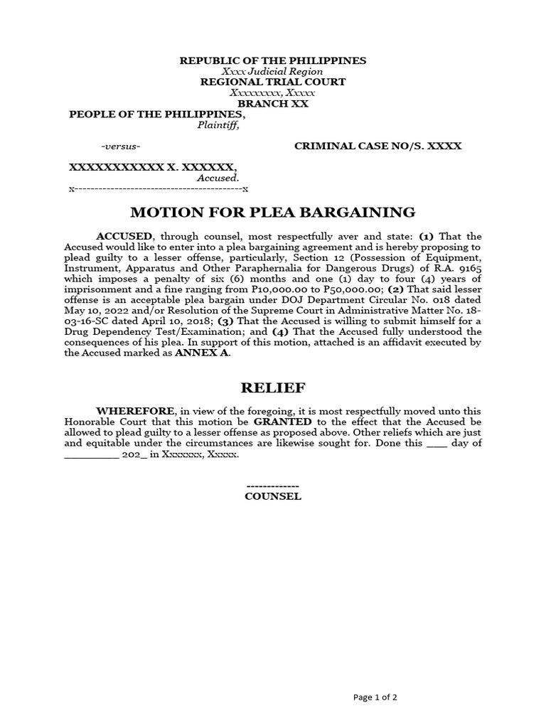 Motion for Plea Bargaining in Drug Case | PDF | Plea | Plea Bargain