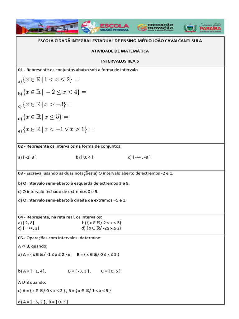 Exercícios sobre Intervalos Reais | PDF | Métodos e Materiais de Ensino