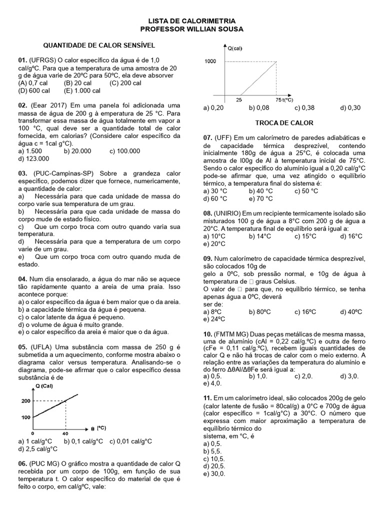 Lista de Calorimetria | PDF | Calor | Calor latente
