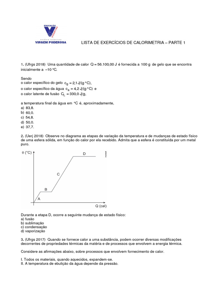 Exercícios de Calorimetria: Questões e Respostas | PDF | Calor | Água