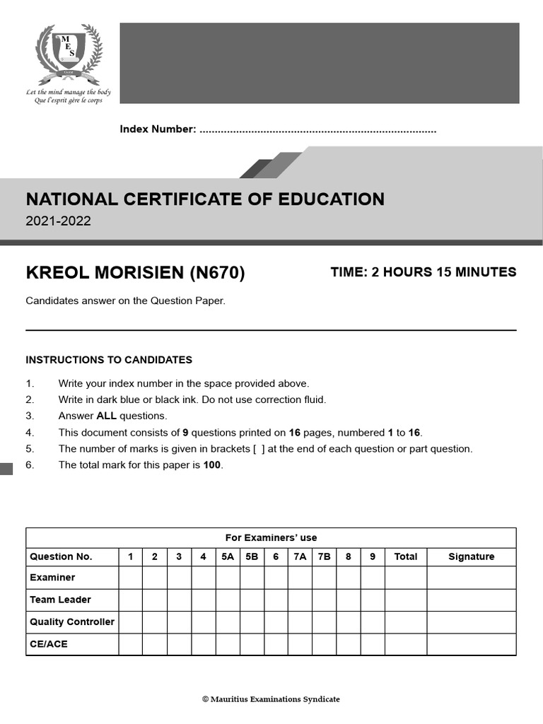 NCE-Kreol-Morisien-2021-2022 | PDF | Mauritius