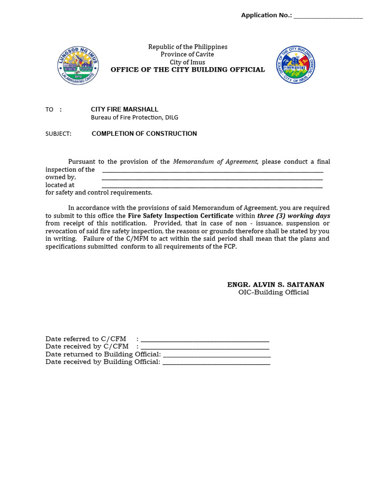 Fire Safety Inspection Request Form | PDF | Finance & Money Management