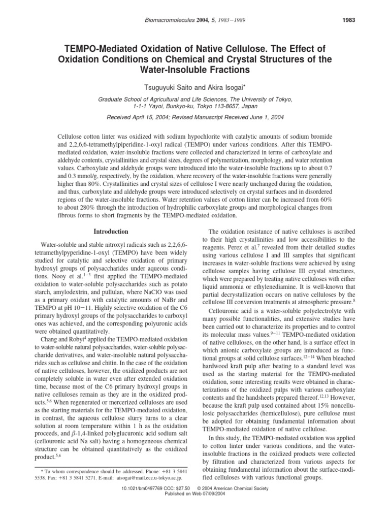 TEMPO Oxidation Effects on Cellulose | PDF | Science & Mathematics