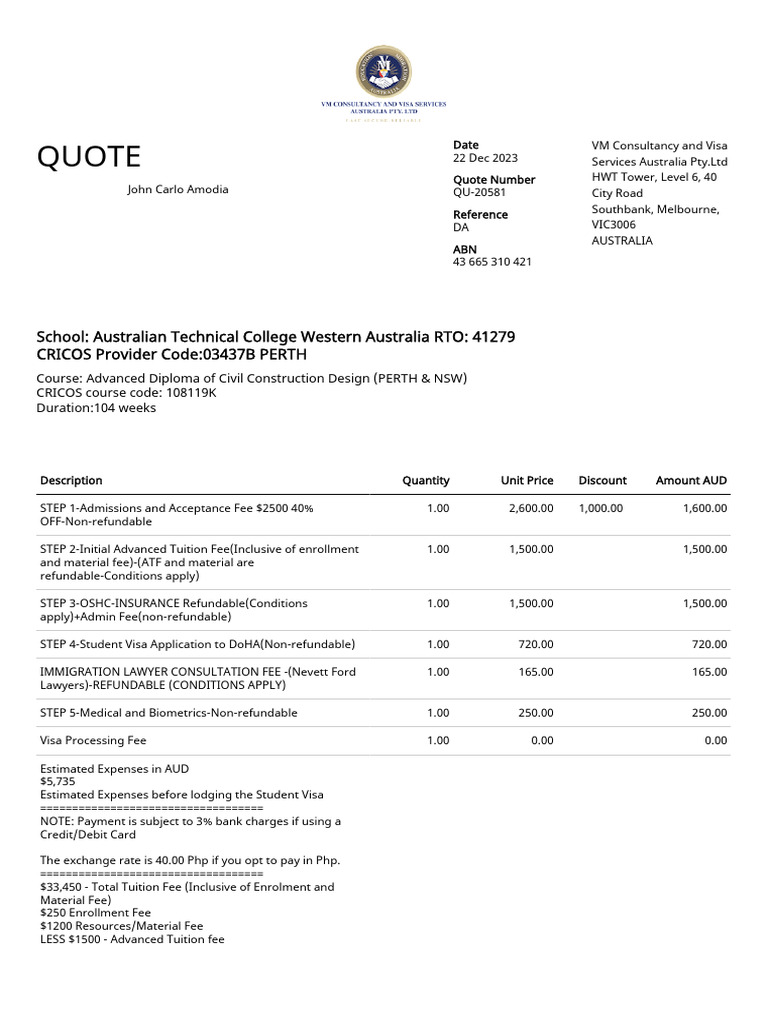 Australian Student Visa Services Quote | PDF | Fee | Credit Card