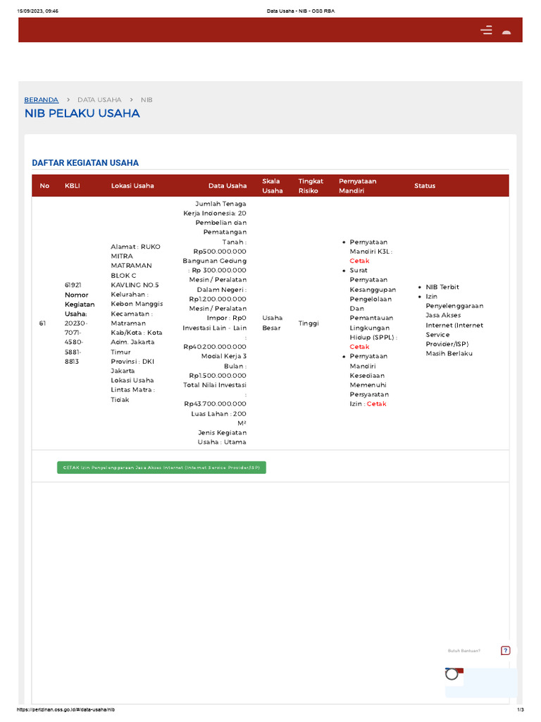 Data NIB Usaha di OSS RBA | PDF