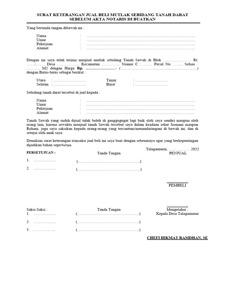 Surat Keterangan Jual Beli Sawah | PDF