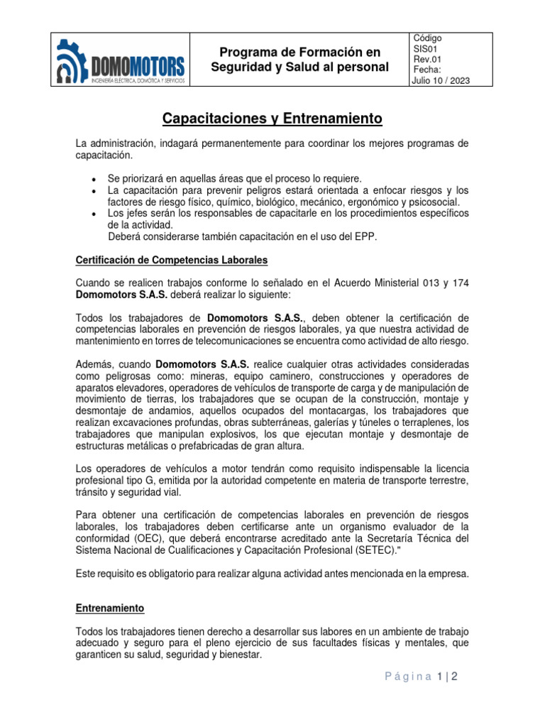 Programa de Formacion en Seguridad y Salud Trabajadores | PDF