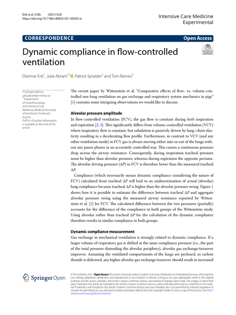 Dynamic Compliance in Flow Controlled Ventilation PDF Respiration Respiratory System