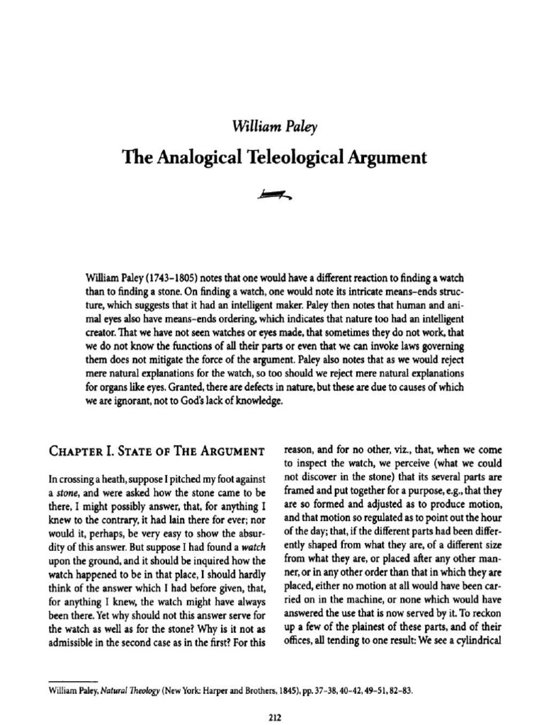 II.C.1.1. The Analogical Teleological Argument. William Paley | PDF