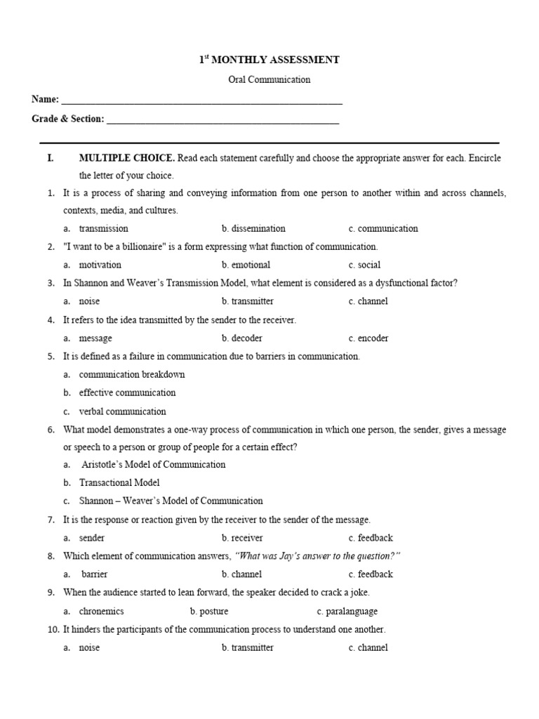 Oral Communication Quiz | PDF | Communication | Human Communication