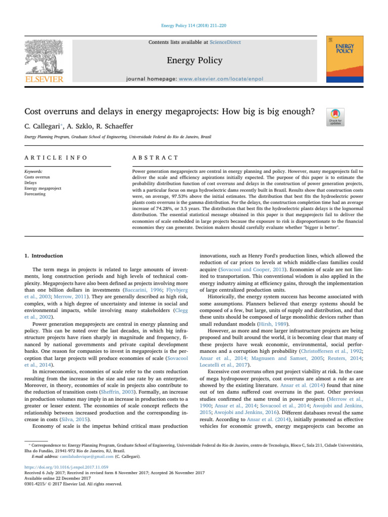 Cost Overruns And Delays In Energy Megaprojects How Big Is Big Enough