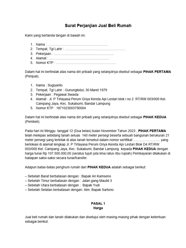 Surat Perjanjian Jual Beli Rumah | PDF