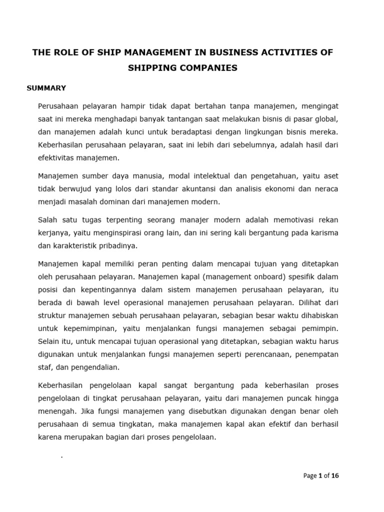 The Role of Ship Management in Business of Shipping Companies | PDF