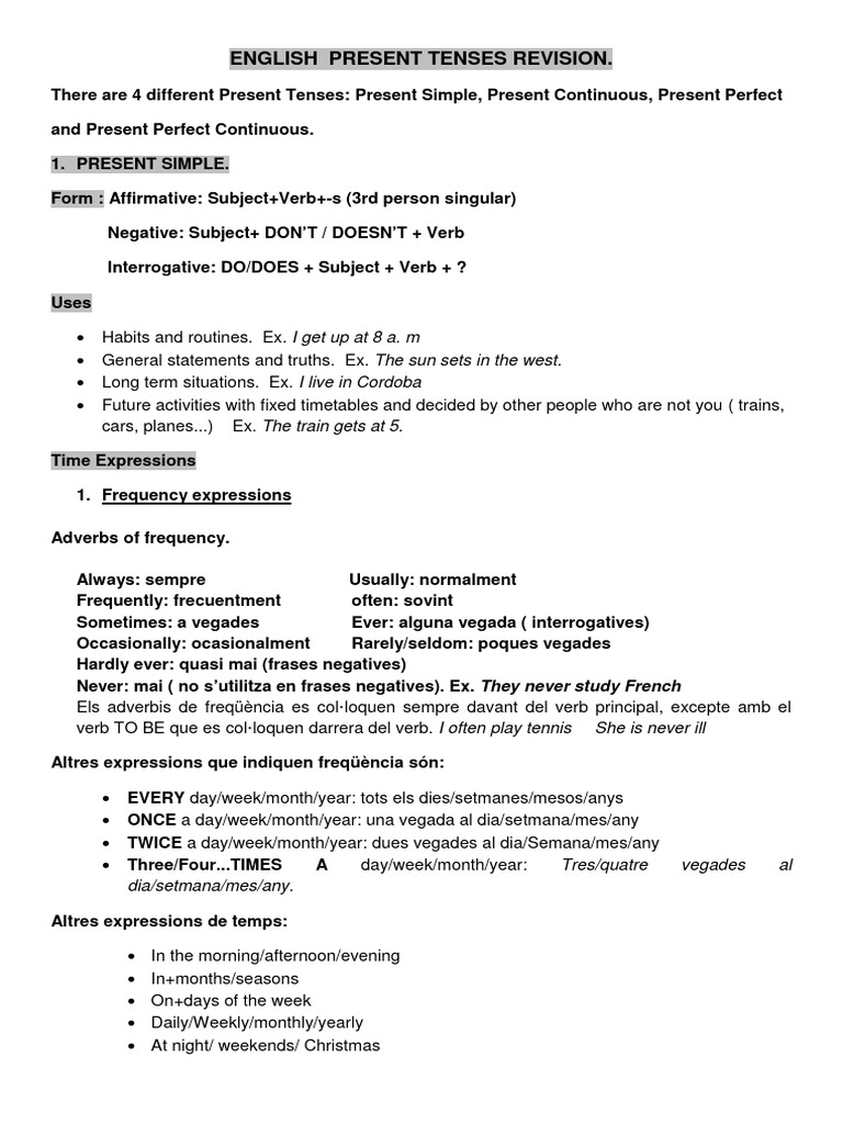 English Present Tenses Revision Pet First 1 Pdf