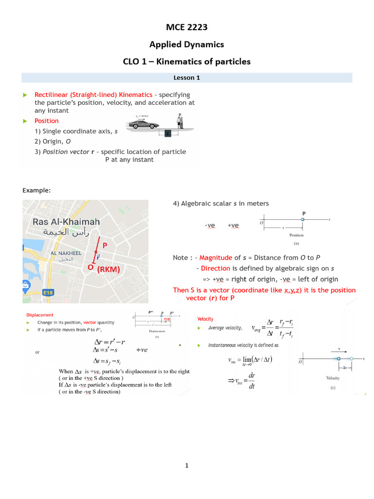 MCE 2223 Applied Dynamics CLO 1 - Kinematics of Particles: Lesson 1 | PDF