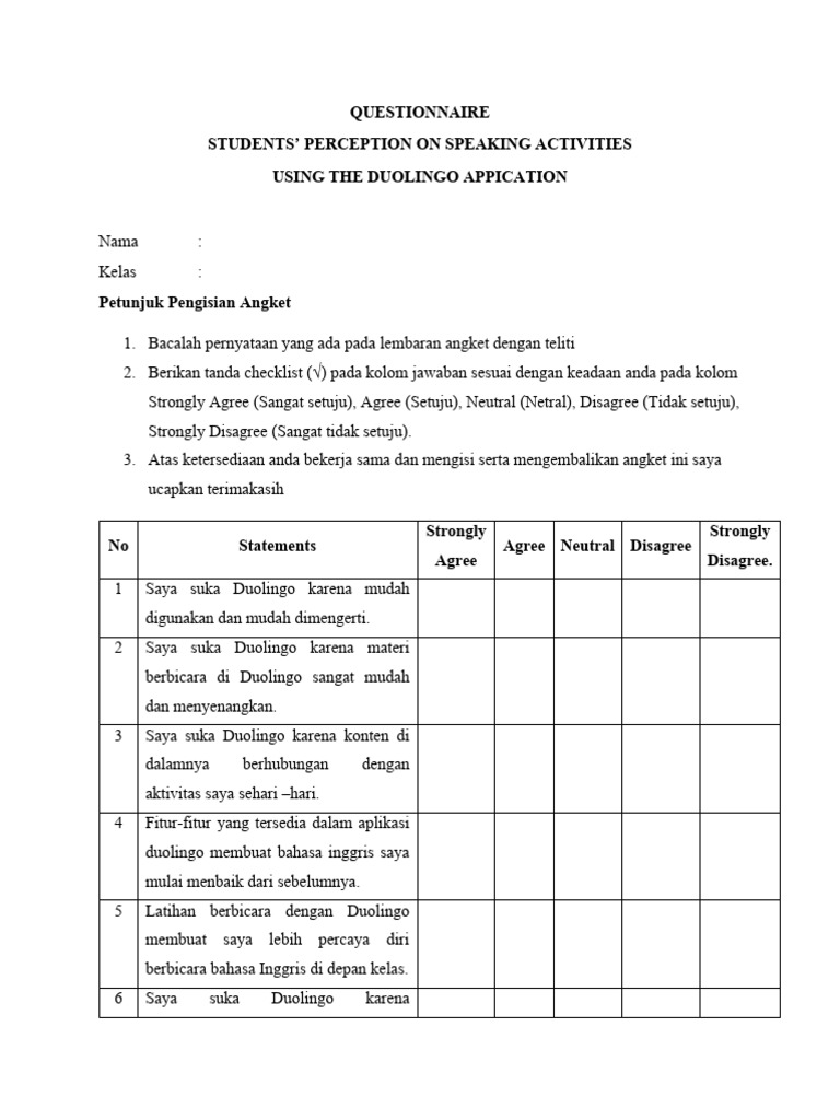Questionnaire Elgi Buriyanti Indonesia | PDF