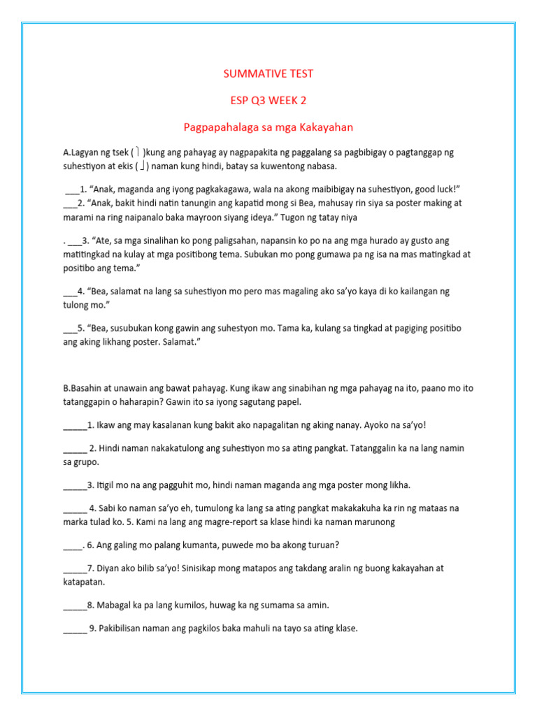 Summative Test Q3 W2 Esp G6 | PDF