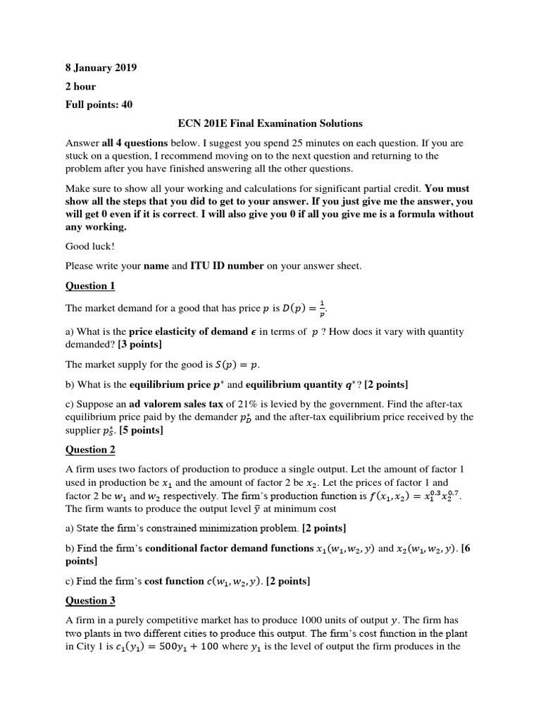 ECN 201E Final Exam Solutions Guide | PDF | Monopoly | Profit (Economics)