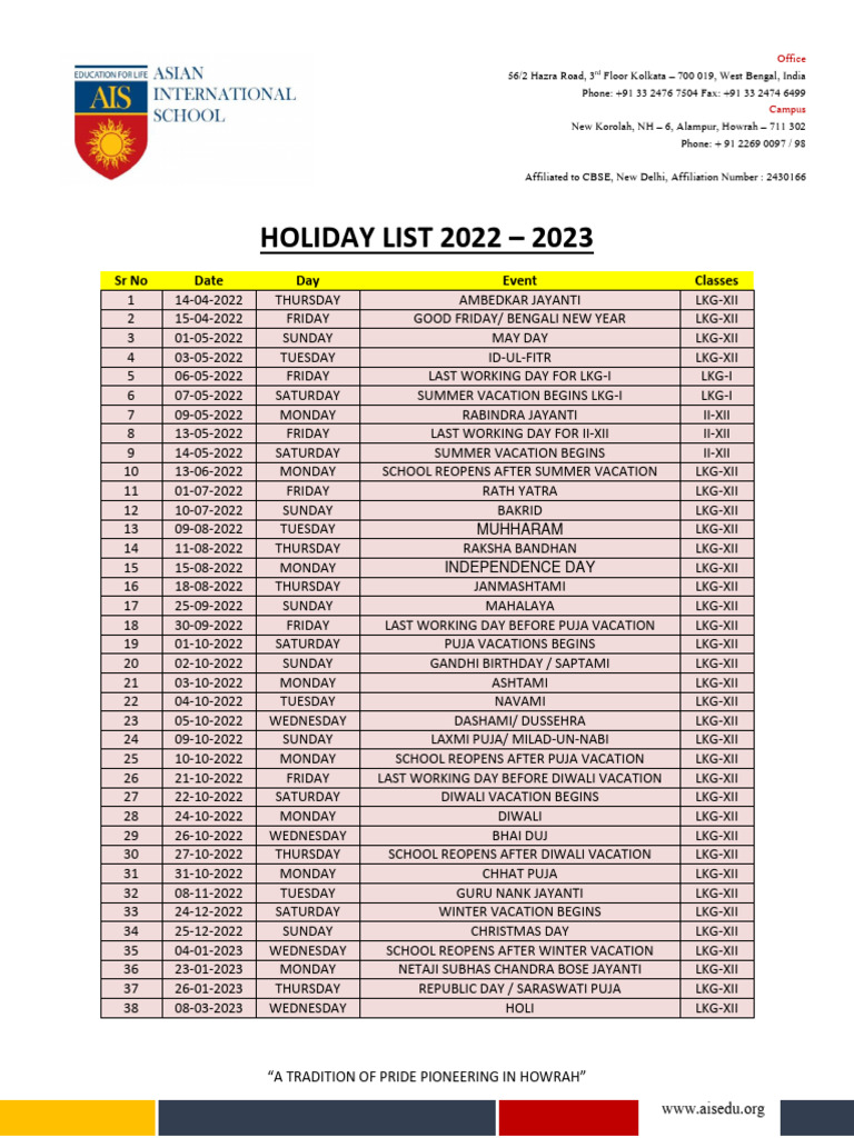 HOLIDAY LIST 2022 2023 PDF