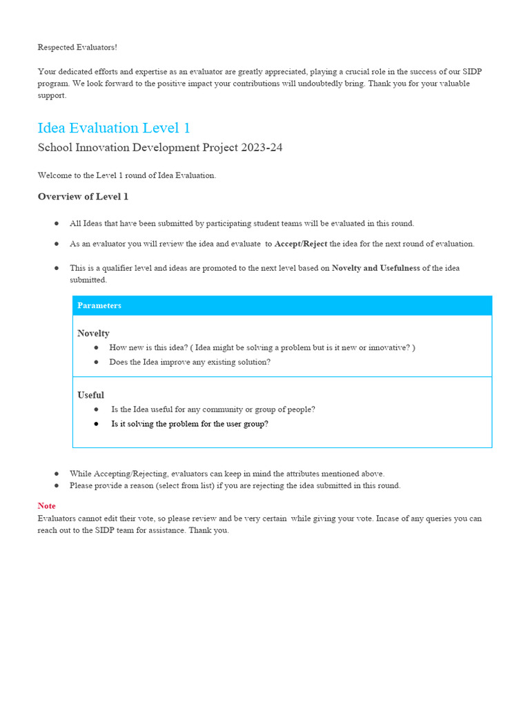 SIDP 2023-24 Idea Evaluation Guide | PDF | Sustainability | Rubric ...