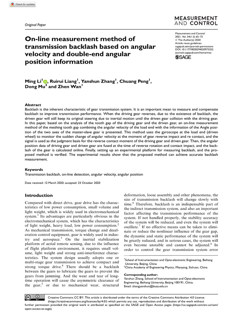 Li Et Al 2020 On Line Measurement Method of Transmission Backlash Based ...