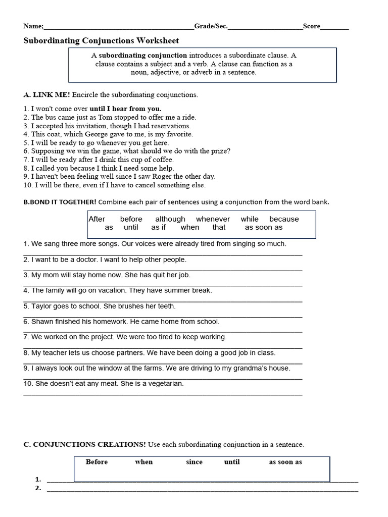 subordinating-conjunction-worksheet | PDF | Semantic Units | Language