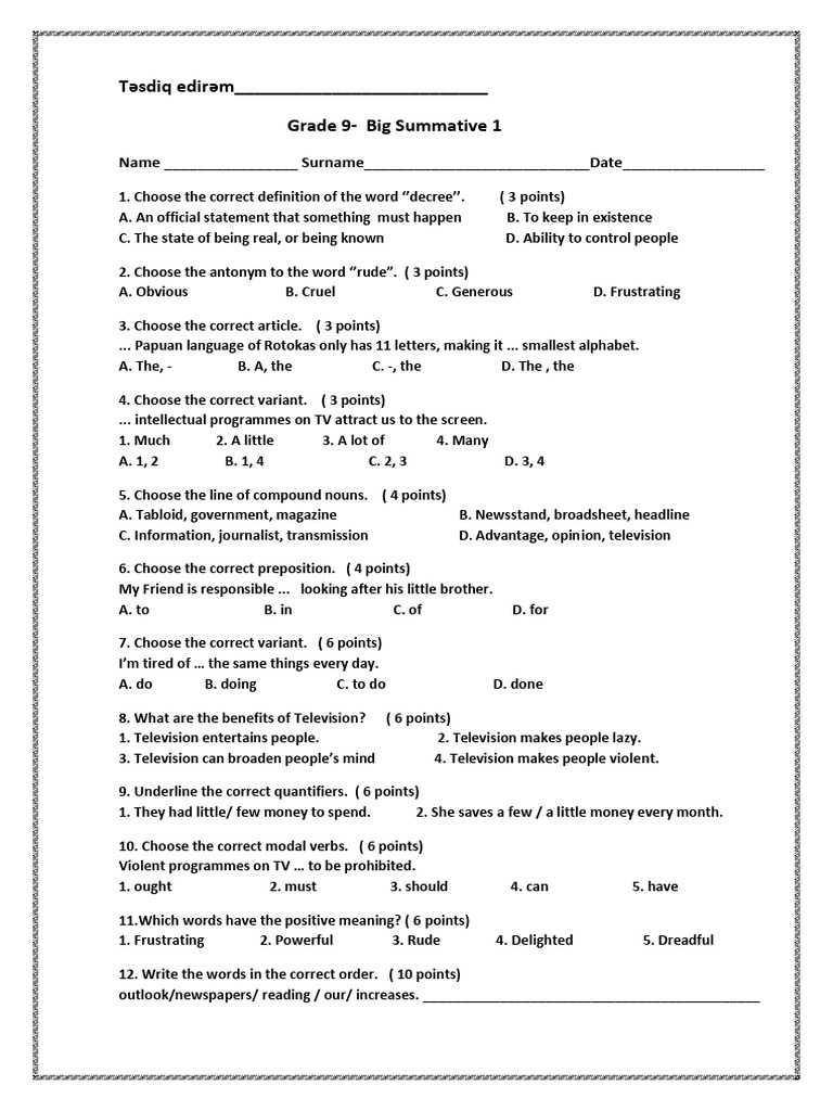 Grade 9 - Big Summative 1 (Gulshan Anar) | PDF