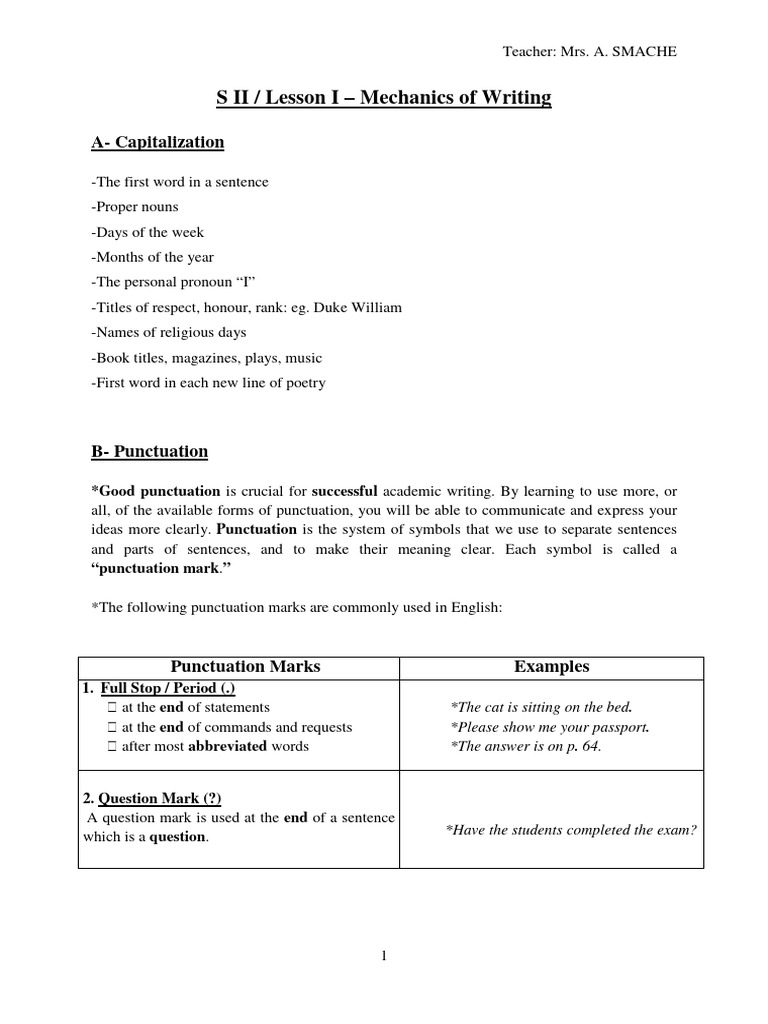 S II. Lesson I. Mechanics of Writing. Students | PDF | Punctuation ...