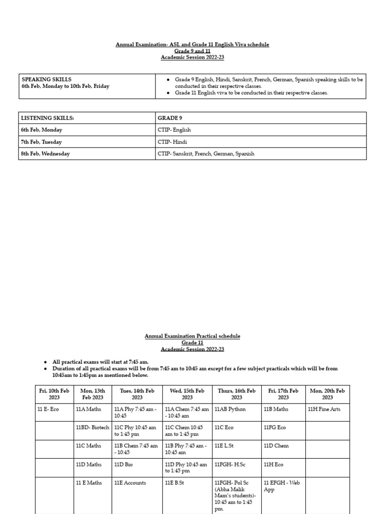 Grade 9, 11 - Practical and ASL Schedule Final | PDF