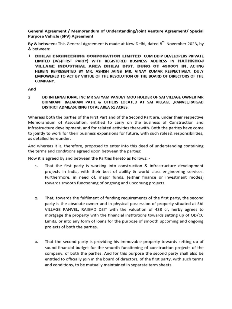 SPV Agreement With Land Asset With JV GROUP BEC DDIP PDF