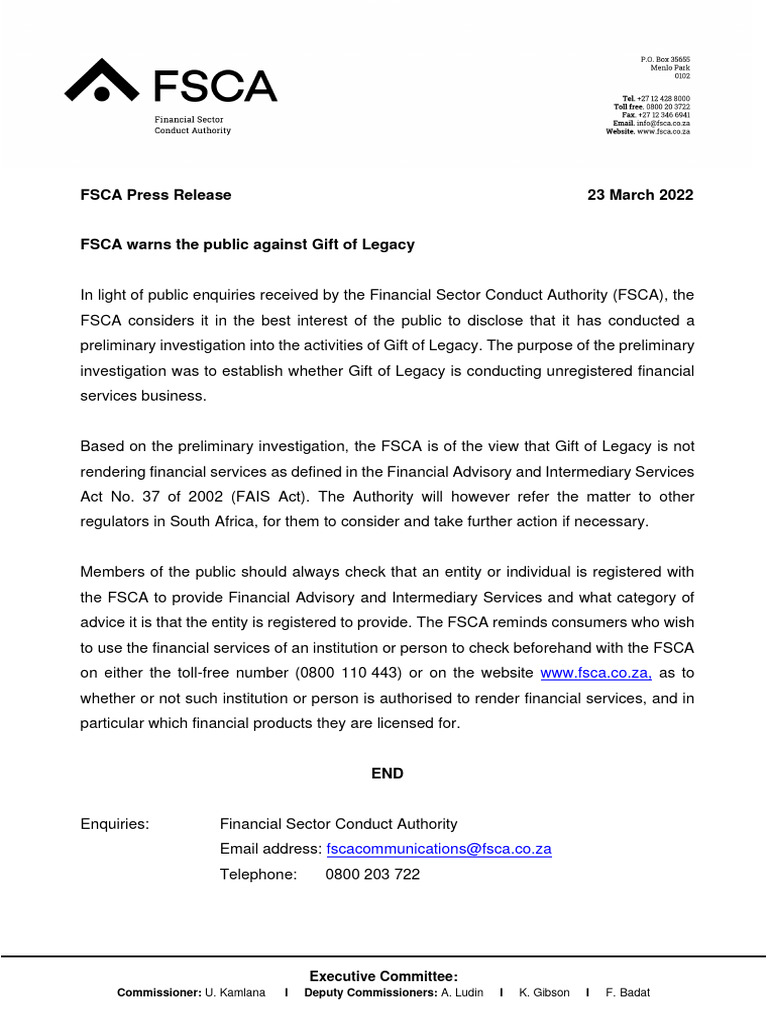 FSCA Warns Public on Gift of Legacy | PDF