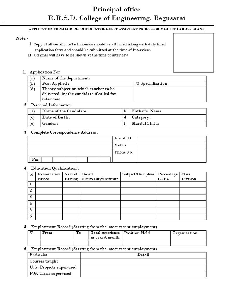 Application form for recruarment of guest faculty guest lab assistant