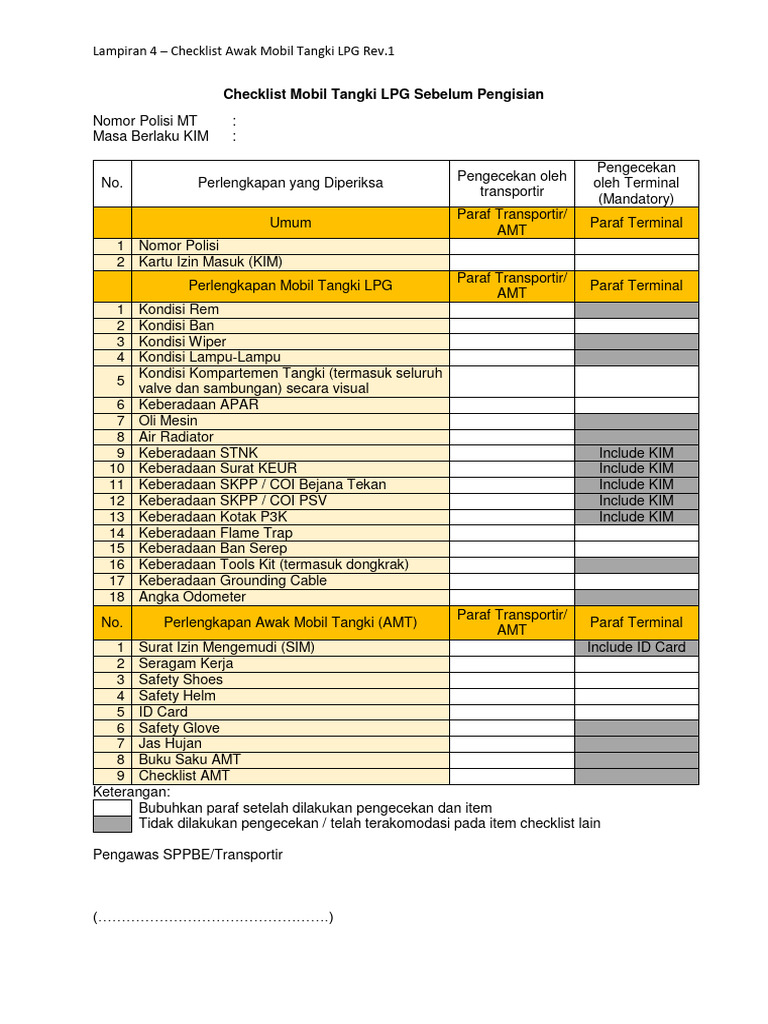 LMP 1 Checklist MT LPG Sebelum Pengisian Rev 1 | PDF