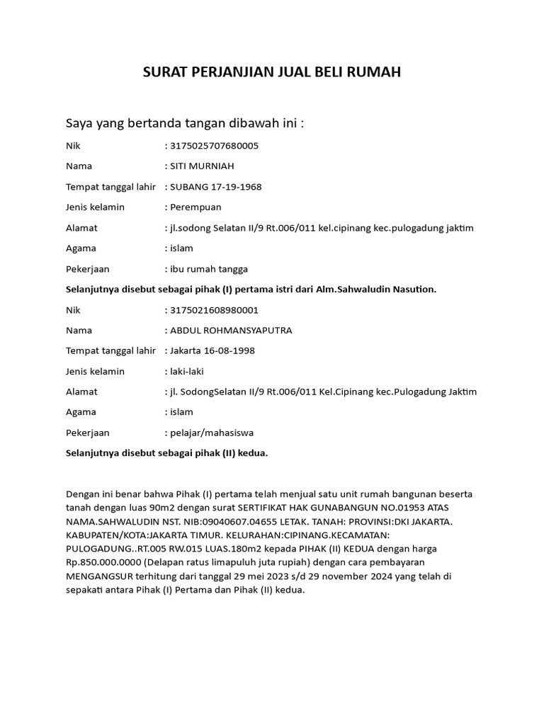 Surat Perjanjian Jual Beli Rumah | PDF