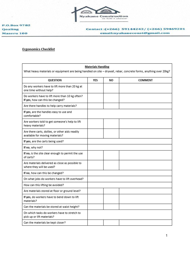 Ergonomics Checklist PDF Occupational Safety And Health Safety