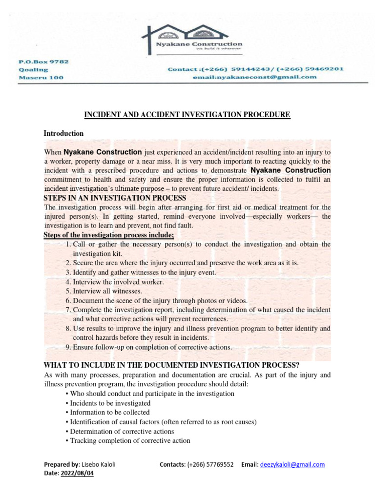 Accident and Incident Procedure | PDF | Occupational Safety And Health ...