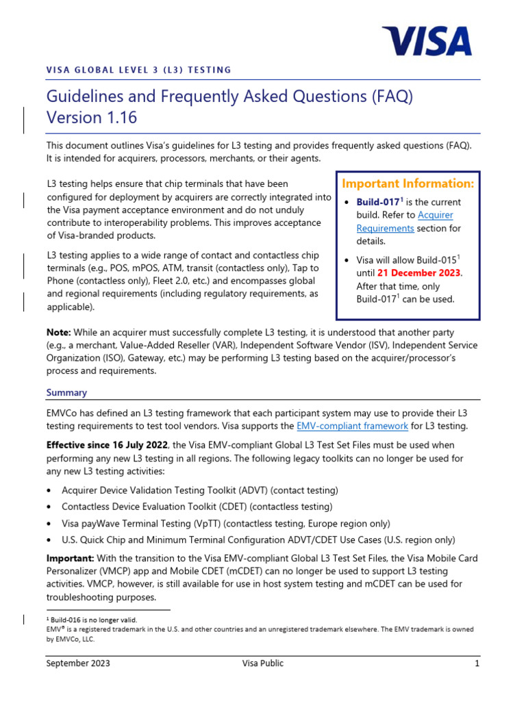 Visa Global Level 3 L3 Testing Guidelines and FAQ Version 1.16 - Build ...