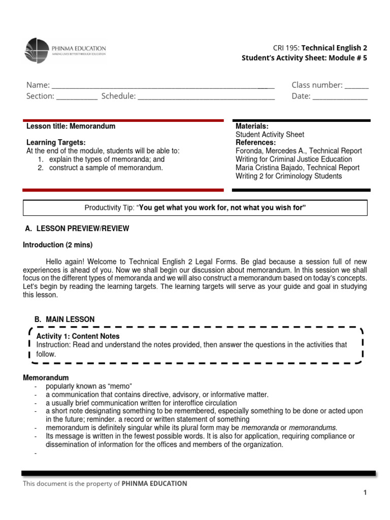 Memorandum Writing Guidelines for CRI 195 | PDF