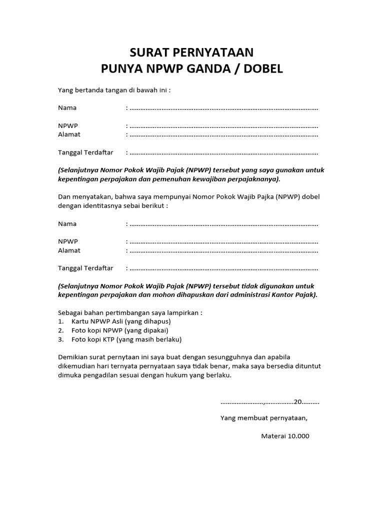 Surat pernyataan punya npwp ganda pdf