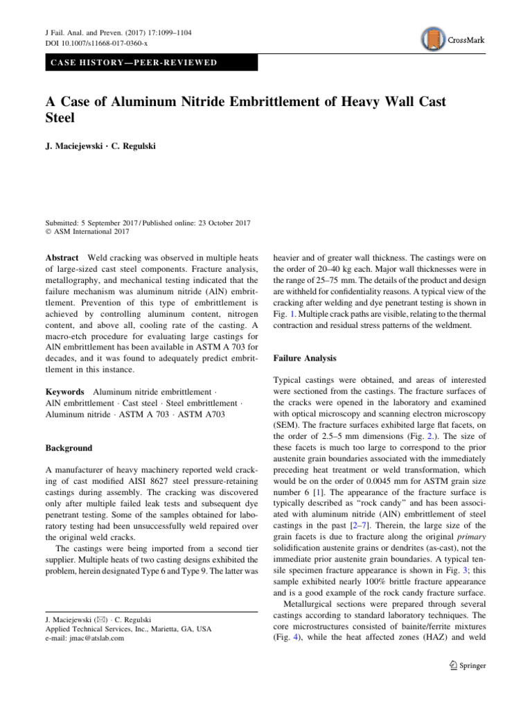 Aluminum Nitride Embrittlement In Cast Steel PDF Fracture 
